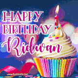 A festive animated GIF featuring a colorful cupcake with a single lit candle, sprinkles, and 'Happy Birthday Ridwan' text against a sparkling, celebratory background.