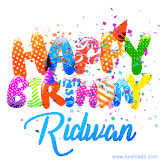 Animated GIF with colorful, festive 'Happy Birthday Ridwan' text decorated with patterns, a party hat, and falling confetti. A vibrant and cheerful design for birthday celebrations.