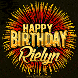 Golden 'Happy Birthday Rielyn' text accompanied by animated rainbow fireworks for a festive animated greeting.