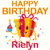 A vibrant and funny gift box character with a happy face dancing with a cupcake and the text 'Happy Birthday Rielyn,' surrounded by animated confetti and party vibes.