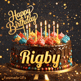 Elegant birthday GIF showing a rich chocolate cake on a gold stand, topped with colorful icing and lit candles for Rigby.