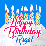 A cheerful animated GIF featuring colorful lit birthday candles on a white cake, with the text 'Happy Birthday Rigel' in bold red and blue script on a bright blue background.