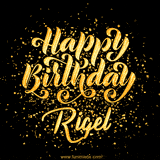 Animated GIF with colorful, festive 'Happy Birthday Rigel' text decorated with patterns, a party hat, and falling confetti. A vibrant and cheerful design for birthday celebrations.