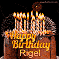 A rich chocolate cake topped with glowing birthday candles and surrounded by bright fireworks. The animated GIF displays the message 'Happy Birthday Rigel' in golden text.