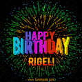 A colorful animated GIF featuring the text 'Happy Birthday Rigel!' in rainbow colors with a dynamic iridescent firework display in the background.