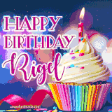 A festive animated GIF featuring a colorful cupcake with a single lit candle, sprinkles, and 'Happy Birthday Rigel' text against a sparkling, celebratory background.