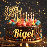 Festive chocolate birthday cake decorated with colorful frosting and candles under sparkling golden stars, personalized for Rigel.