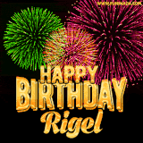 A captivating GIF with bursts of green, pink, and orange fireworks lighting up the night sky, accompanied by 'Happy Birthday Rigel' in glowing golden text.