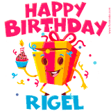 A funny animated birthday GIF with the words 'Happy Birthday Rigela', colorful gift box with arms and legs, holding a cupcake with a lit candle  with confetti everywhere.