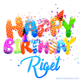 Animated GIF with colorful, festive 'Happy Birthday Rigel' text decorated with patterns, a party hat, and falling confetti. A vibrant and cheerful design for birthday celebrations.