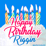 A cheerful animated GIF featuring colorful lit birthday candles on a white cake, with the text 'Happy Birthday Riggin' in bold red and blue script on a bright blue background.