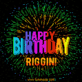 A colorful animated GIF featuring the text 'Happy Birthday Riggin!' in rainbow colors with a dynamic iridescent firework display in the background.