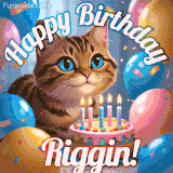 A playful tabby cat sits behind a colorful birthday cake surrounded by balloons and confetti, with 'Happy Birthday Riggin!' written above in festive letters.