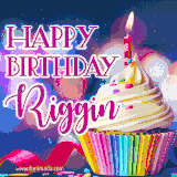 A festive animated GIF featuring a colorful cupcake with a single lit candle, sprinkles, and 'Happy Birthday Riggin' text against a sparkling, celebratory background.
