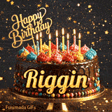 Animated card of a gourmet chocolate birthday cake with the name Riggin and glowing candle flames.