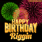 A captivating GIF with bursts of green, pink, and orange fireworks lighting up the night sky, accompanied by 'Happy Birthday Riggin' in glowing golden text.