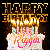 A vibrant animated GIF featuring a delicious birthday cake topped with glowing candles and the name 'Riggin' in elegant script, and the words 'Happy Birthday' on the black background.