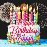 A lively happy birthday animated GIF showcasing a colorful birthday cake covered in sprinkles, topped with glowing candles, and surrounded by vibrant fireworks. The name 'Riggin' is featured in elegant script.