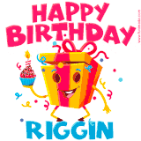 A funny animated birthday GIF with the words 'Happy Birthday Riggina', colorful gift box with arms and legs, holding a cupcake with a lit candle  with confetti everywhere.