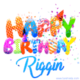 Animated GIF with colorful, festive 'Happy Birthday Riggin' text decorated with patterns, a party hat, and falling confetti. A vibrant and cheerful design for birthday celebrations.