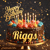 Bright colorful icing and lit candles on a chocolate cake, featured on a personalized birthday GIF for Riggs.