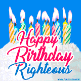 A cheerful animated GIF featuring colorful lit birthday candles on a white cake, with the text 'Happy Birthday Righteous' in bold red and blue script on a bright blue background.