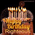A rich chocolate cake topped with glowing birthday candles and surrounded by bright fireworks. The animated GIF displays the message 'Happy Birthday Righteous' in golden text.