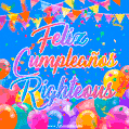 A vibrant animated GIF with 'Feliz Cumpleaños Righteous' written in colorful script, surrounded by balloons, confetti, and bunting on a bright blue background.