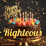 A decorated chocolate birthday cake on a golden stand with lit candles and colorful whipped cream rosettes, personalized for Righteous.