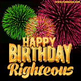 A captivating GIF with bursts of green, pink, and orange fireworks lighting up the night sky, accompanied by 'Happy Birthday Righteous' in glowing golden text.