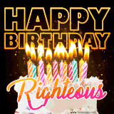 A vibrant animated GIF featuring a delicious birthday cake topped with glowing candles and the name 'Righteous' in elegant script, and the words 'Happy Birthday' on the black background.