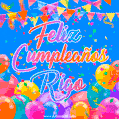 A vibrant animated GIF with 'Feliz Cumpleaños Rigo' written in colorful script, surrounded by balloons, confetti, and bunting on a bright blue background.