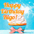 A cheerful animated GIF of a cupcake with creamy frosting, a red checkered ribbon, and a bright sparkler on top. The text 'Happy Birthday Rigo!' is displayed in vibrant orange and red.