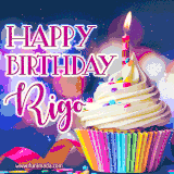 A festive animated GIF featuring a colorful cupcake with a single lit candle, sprinkles, and 'Happy Birthday Rigo' text against a sparkling, celebratory background.