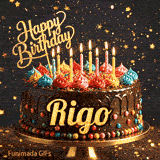 An animated card for Rigo featuring a dark chocolate drip cake decorated with sprinkles and colorful icing.