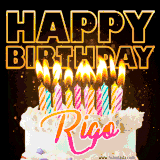 A vibrant animated GIF featuring a delicious birthday cake topped with glowing candles and the name 'Rigo' in elegant script, and the words 'Happy Birthday' on the black background.