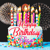 A lively happy birthday animated GIF showcasing a colorful birthday cake covered in sprinkles, topped with glowing candles, and surrounded by vibrant fireworks. The name 'Rigo' is featured in elegant script.