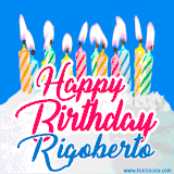 A cheerful animated GIF featuring colorful lit birthday candles on a white cake, with the text 'Happy Birthday Rigoberto' in bold red and blue script on a bright blue background.
