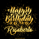 Animated GIF with colorful, festive 'Happy Birthday Rigoberto' text decorated with patterns, a party hat, and falling confetti. A vibrant and cheerful design for birthday celebrations.