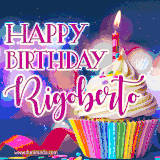 A festive animated GIF featuring a colorful cupcake with a single lit candle, sprinkles, and 'Happy Birthday Rigoberto' text against a sparkling, celebratory background.