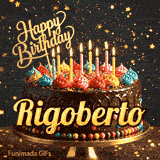 A chocolate frosted birthday cake with the name Rigoberto in yellow script, set against a dark background with golden star sparkles.