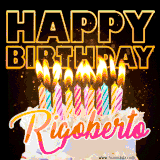 A vibrant animated GIF featuring a delicious birthday cake topped with glowing candles and the name 'Rigoberto' in elegant script, and the words 'Happy Birthday' on the black background.