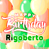 Animated GIF featuring colorful balloons in the background with the cheerful text 'Happy Birthday Rigoberto'.