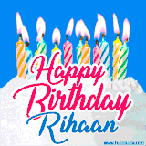 A cheerful animated GIF featuring colorful lit birthday candles on a white cake, with the text 'Happy Birthday Rihaan' in bold red and blue script on a bright blue background.