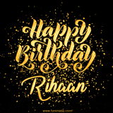 Animated GIF with colorful, festive 'Happy Birthday Rihaan' text decorated with patterns, a party hat, and falling confetti. A vibrant and cheerful design for birthday celebrations.