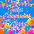A vibrant animated GIF with 'Feliz Cumpleaños Rihaan' written in colorful script, surrounded by balloons, confetti, and bunting on a bright blue background.