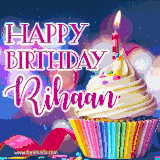 A festive animated GIF featuring a colorful cupcake with a single lit candle, sprinkles, and 'Happy Birthday Rihaan' text against a sparkling, celebratory background.
