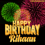 A captivating GIF with bursts of green, pink, and orange fireworks lighting up the night sky, accompanied by 'Happy Birthday Rihaan' in glowing golden text.