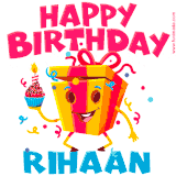 A funny animated birthday GIF with the words 'Happy Birthday Rihaana', colorful gift box with arms and legs, holding a cupcake with a lit candle  with confetti everywhere.