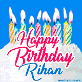A cheerful animated GIF featuring colorful lit birthday candles on a white cake, with the text 'Happy Birthday Rihan' in bold red and blue script on a bright blue background.